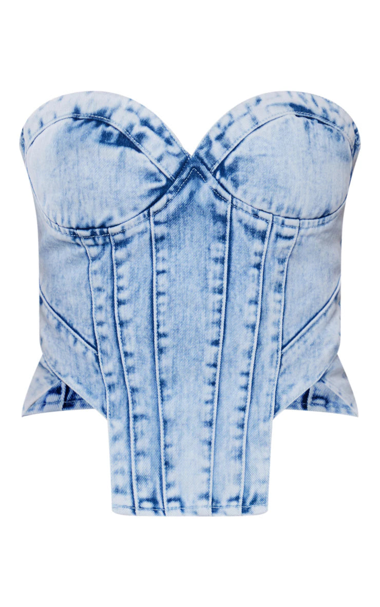 Light Blue Acid Wash Seam Detail Corset Denim Top