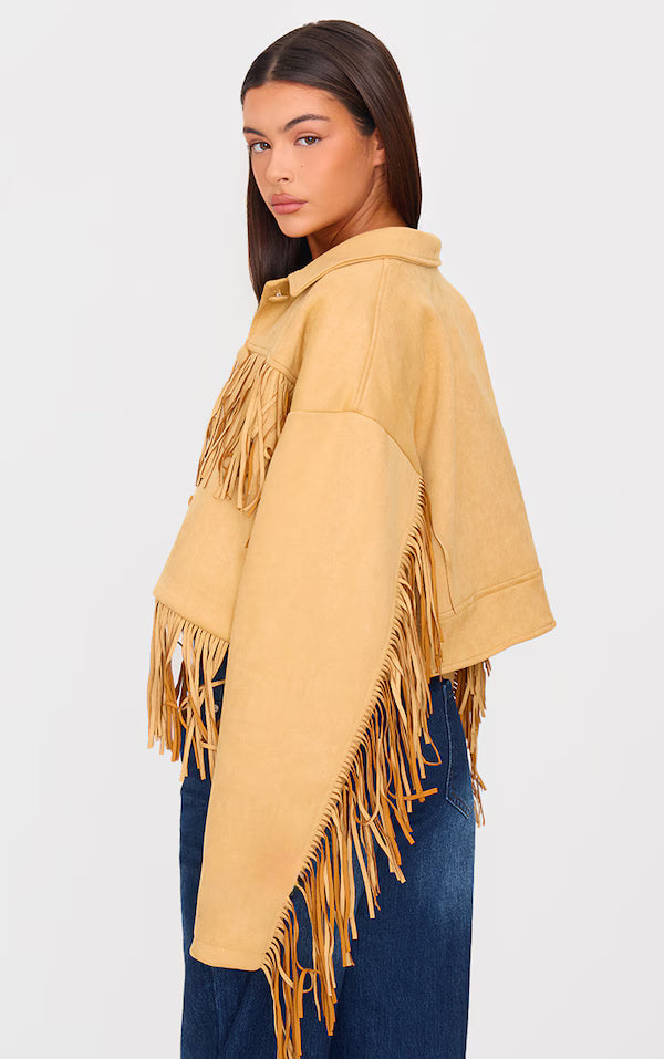 Camel Faux Suede Western Fringe Detail Jacket