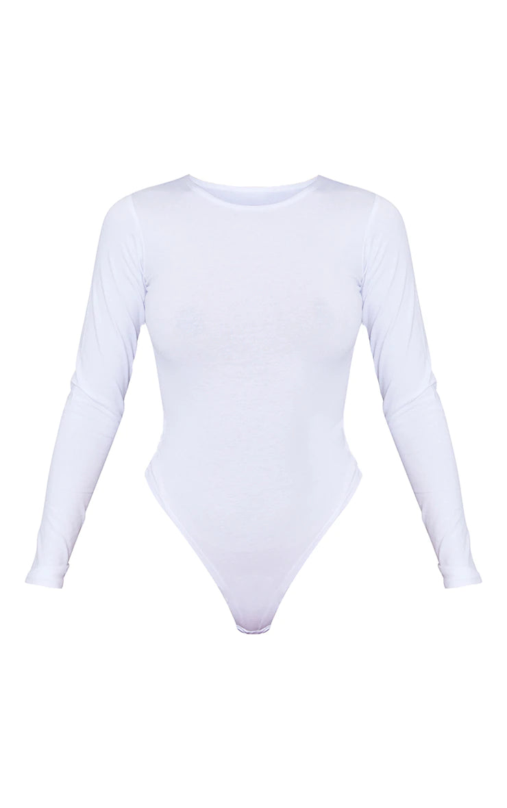 Basic White Cotton Blend Crew Neck Bodysuit