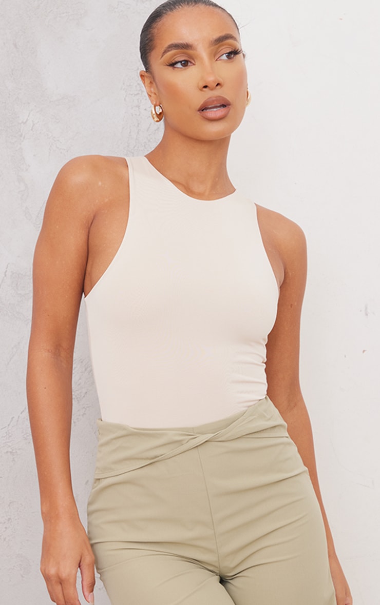 Cream Slinky Sleeveless Racer Bodysuit