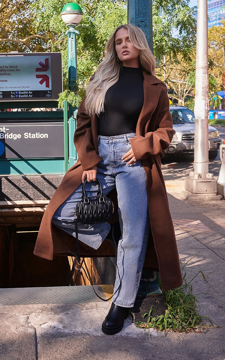 Black Ribbed High Neck Long Sleeve Bodysuit