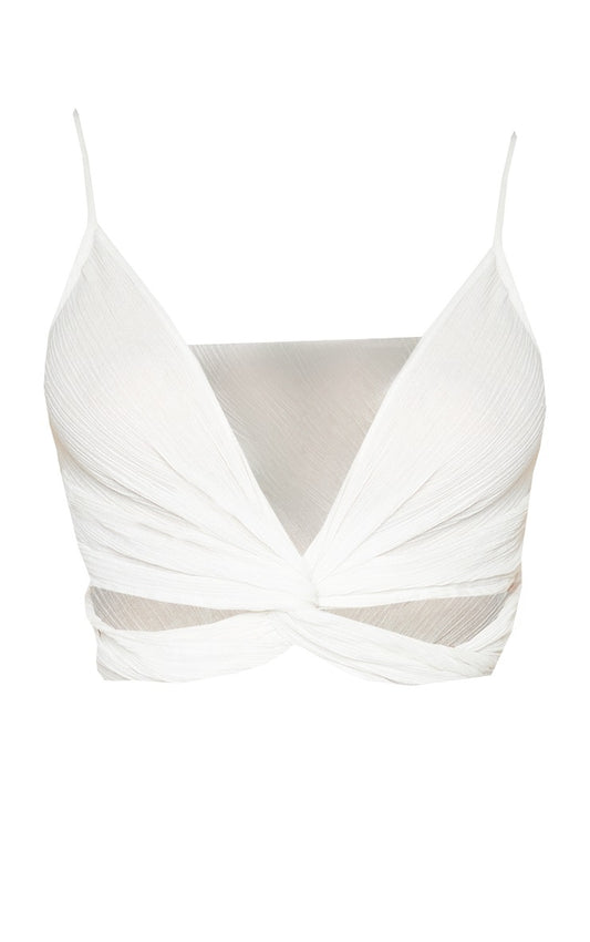 Cream Textured Linen Feel Twist Front Crop Top