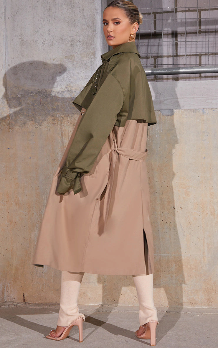 Khaki Contrast Oversized Belted Midi Trench Coat