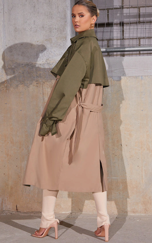 Khaki Contrast Oversized Belted Midi Trench Coat