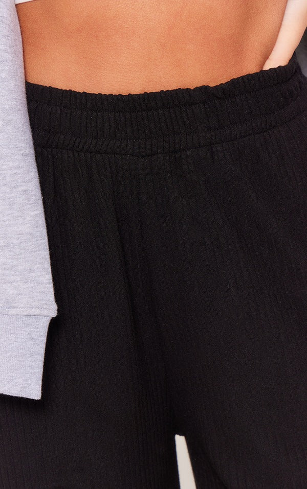 Black Soft Brushed Rib Wide Leg Pants