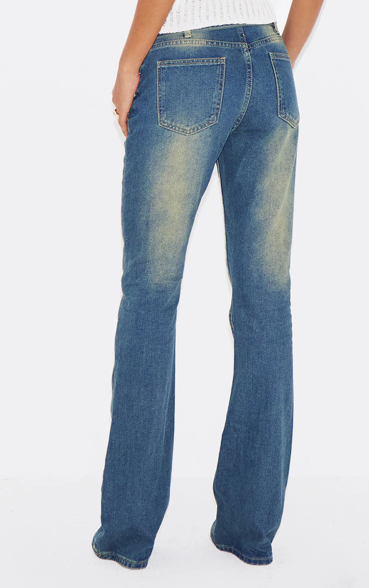 Indigo Vintage Wash Belted Seam Front Flare Jeans