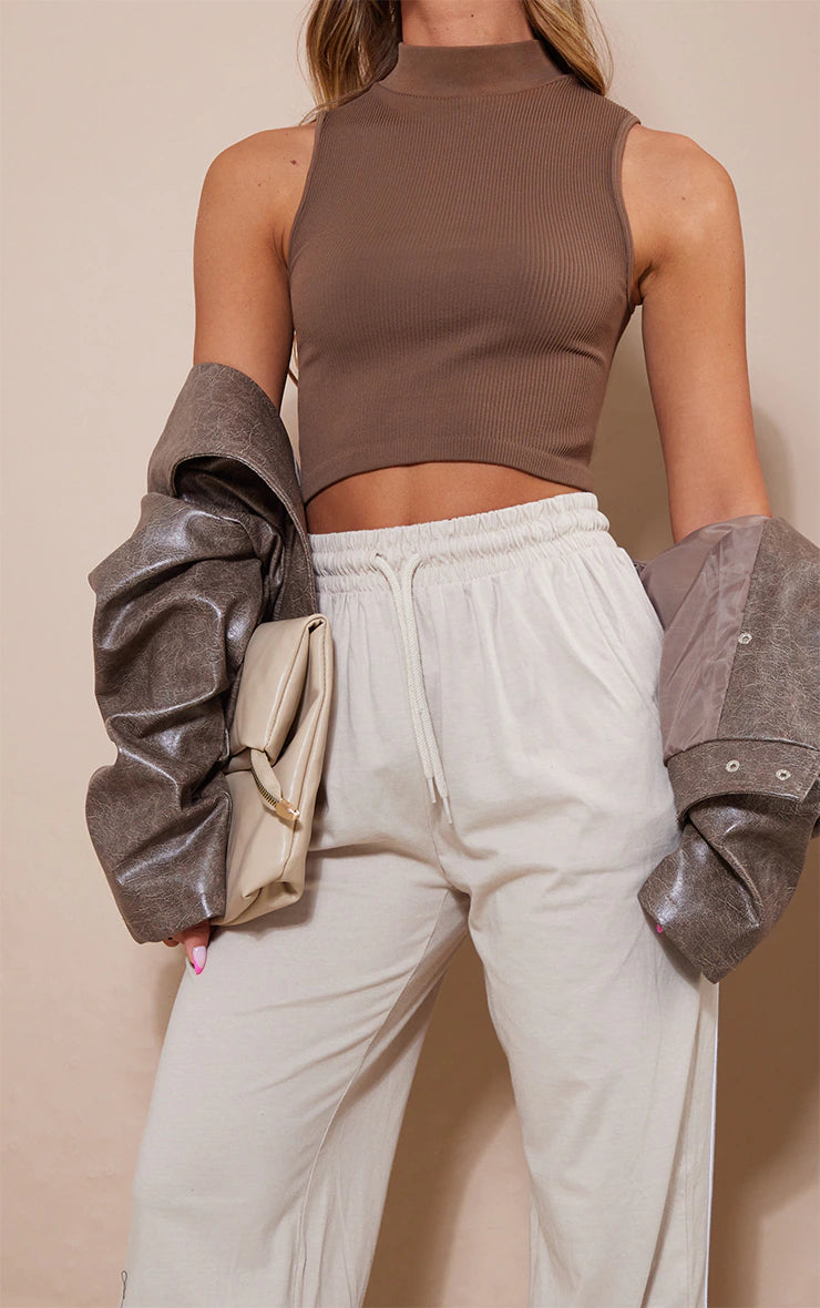 Stone Cotton Side Stripe Wide Leg Joggers