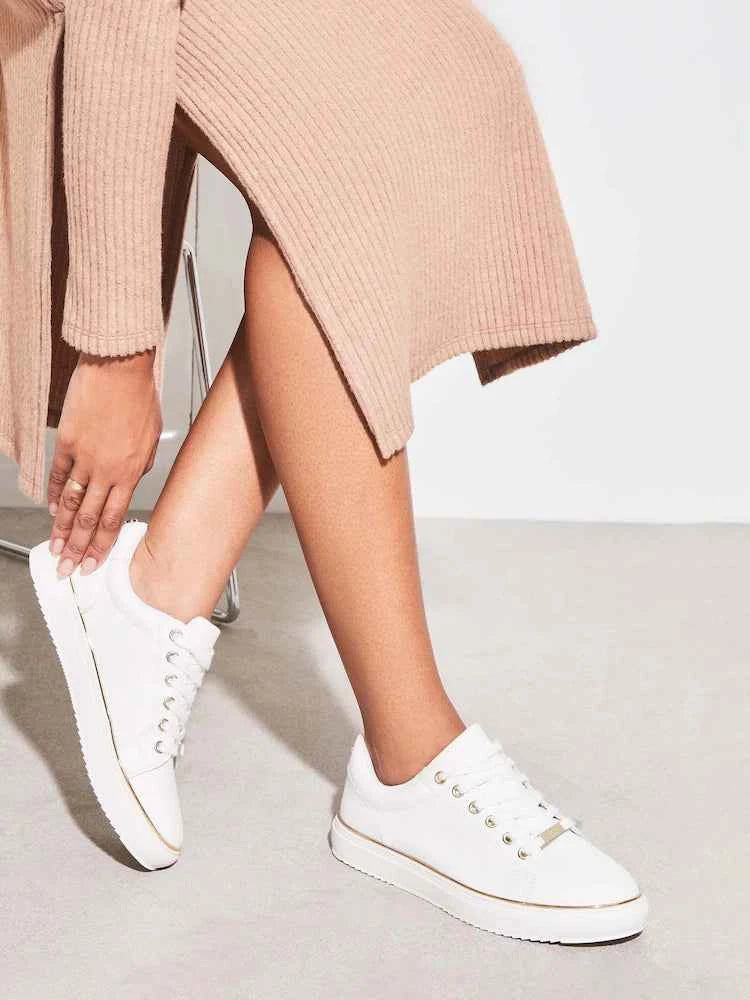Lipsy White Standard Fit Flat Chunky Lace Up Faux Leather Trainers