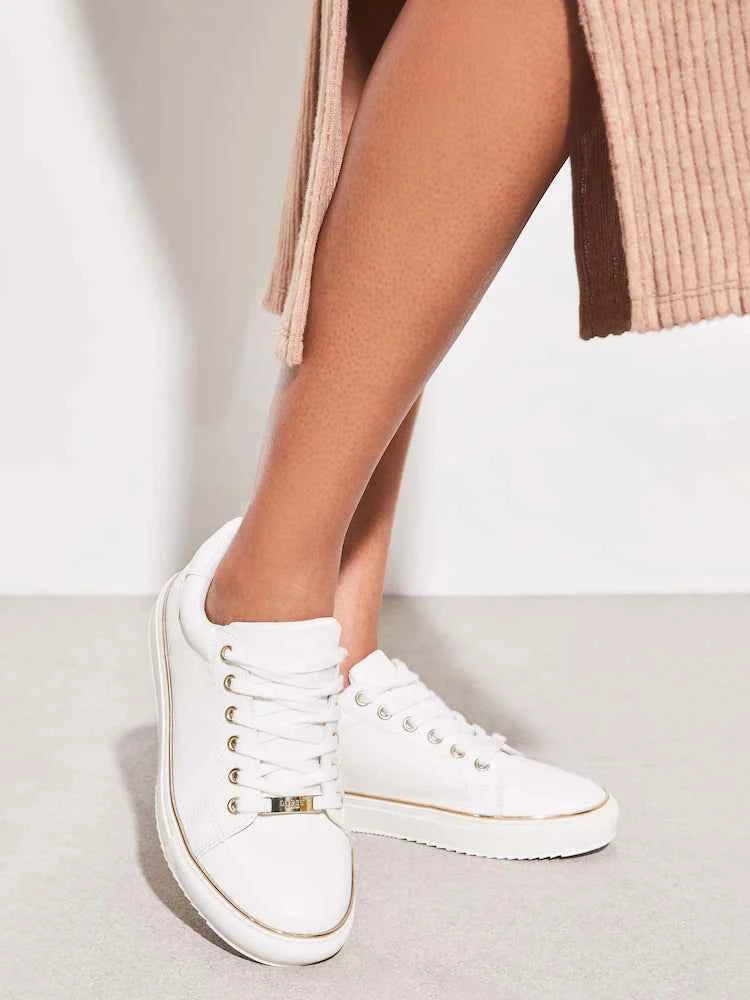 Lipsy White Standard Fit Flat Chunky Lace Up Faux Leather Trainers