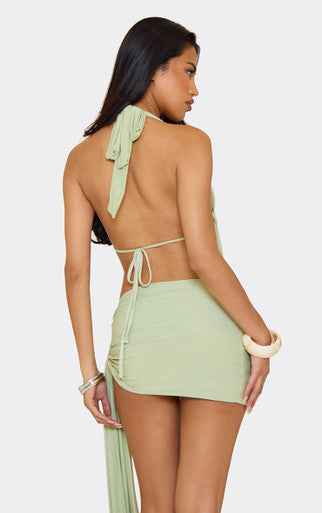 EGO - Extreme Cowl Halterneck Open Back Top And Drape Detail Micro Mini Skirt Co-Ord Set In Green Slinky SET