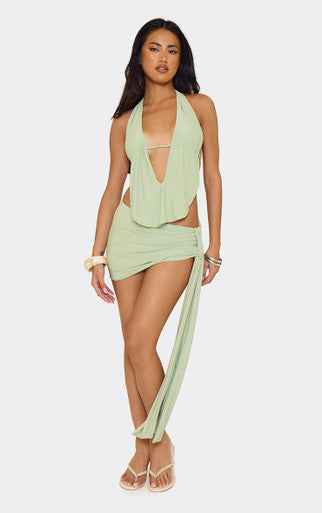 EGO - Extreme Cowl Halterneck Open Back Top And Drape Detail Micro Mini Skirt Co-Ord Set In Green Slinky SET