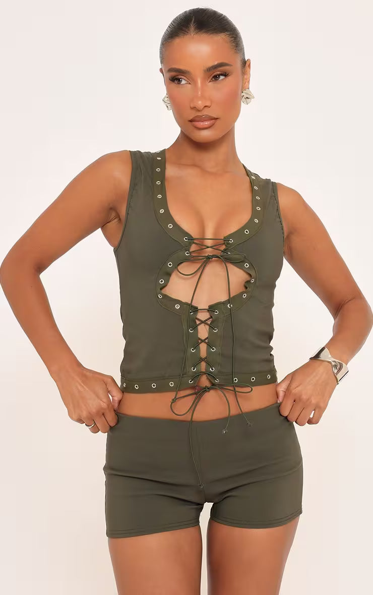Ego - Sleeveless Eyelet Detail Tie Front Top In Khaki Green Woven