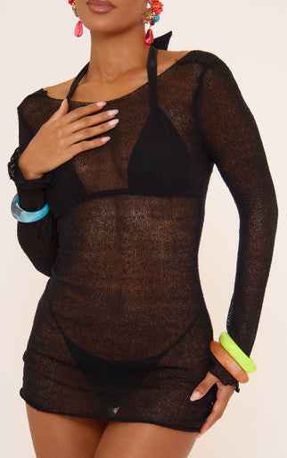 Ego - Long Sleeve Open Back Mini Beach Dress In Black Texture