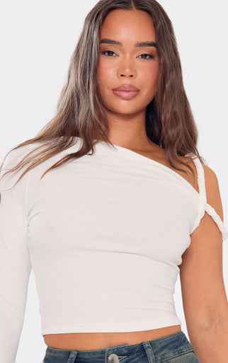 Ego - One Sleeve Twist Shoulder Strap Detail Top In White Slinky
