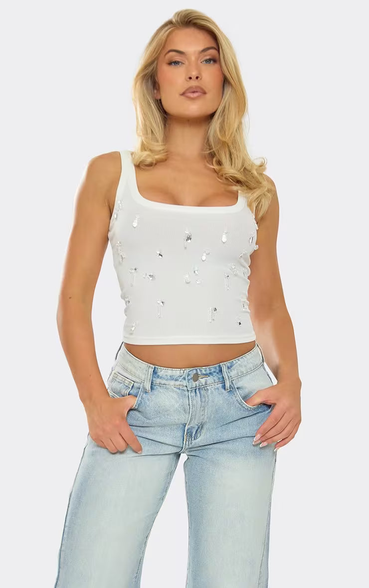 Ego - Scoop Neck Embellished Vest Top In White Rib