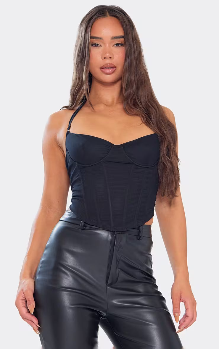Ego - Halterneck Dipped Hem Corset Detail Top In Black