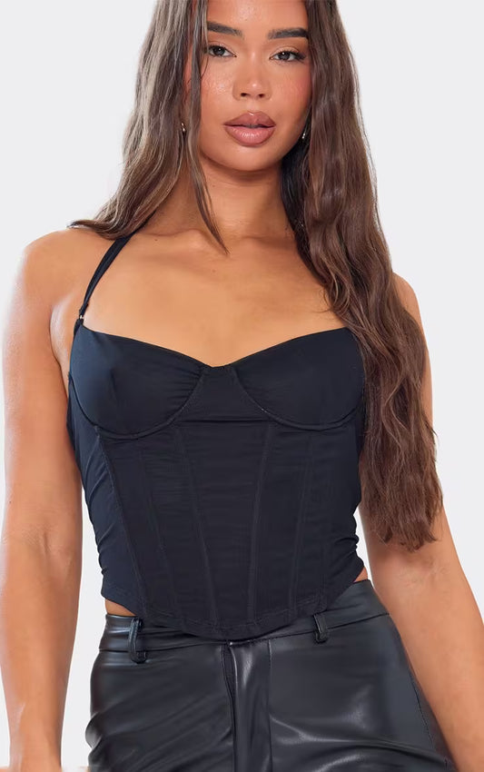 Ego - Halterneck Dipped Hem Corset Detail Top In Black