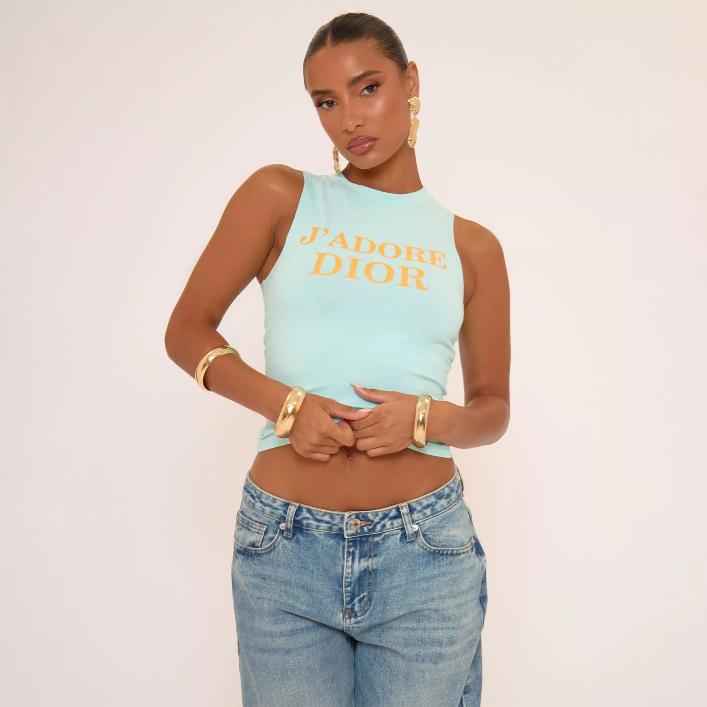 Ego - Racer Neck Slogan Print Detail Vest Top In Turquoise Blue
