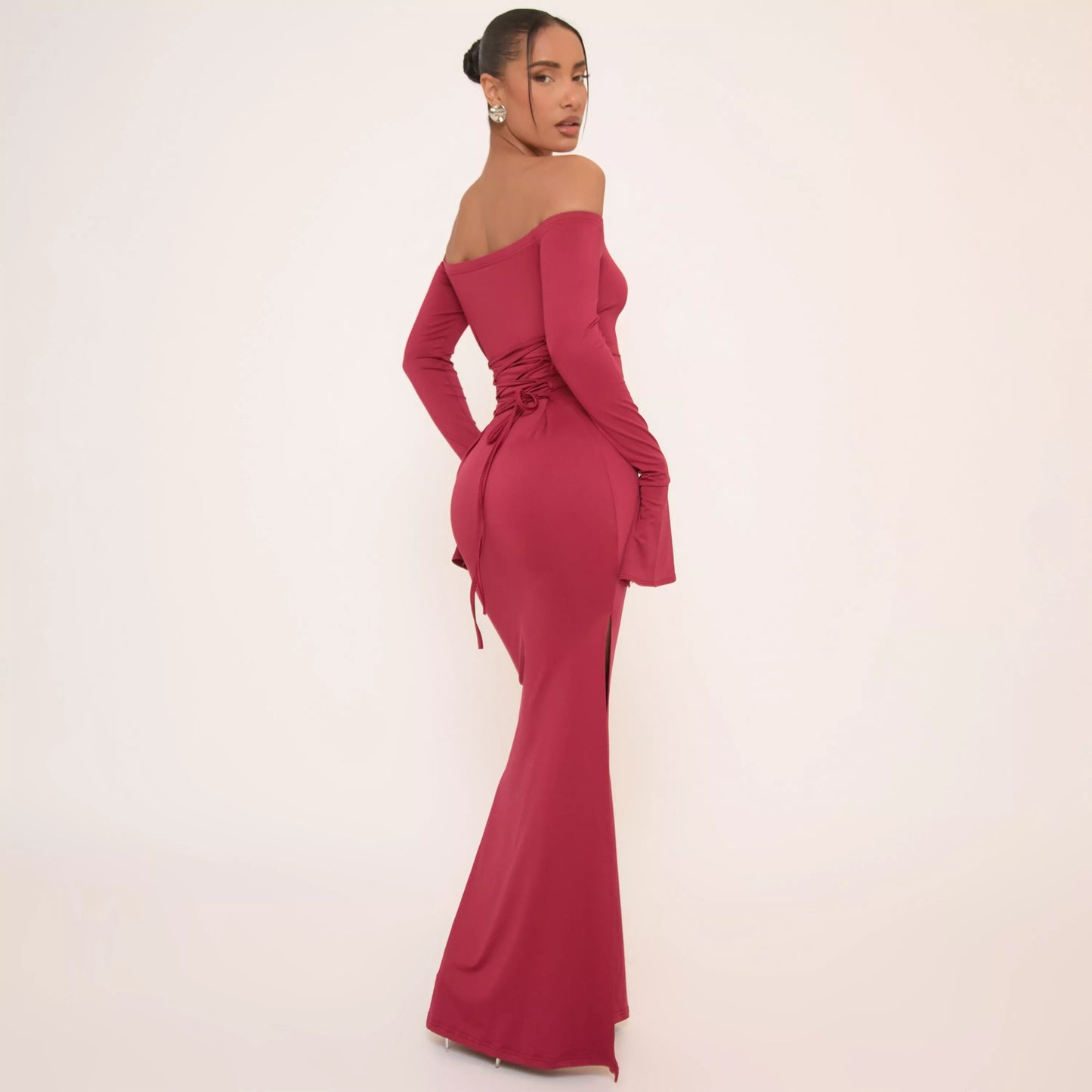 Ego - long sleeve bardot lace up back maxi dress burgundy