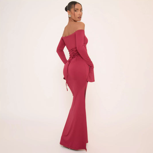 Ego - long sleeve bardot lace up back maxi dress burgundy