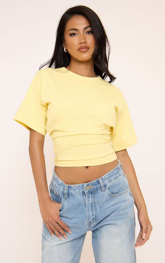 Ego - Short Sleeve Cinched Waist Fitted T-Shirt In Yellow