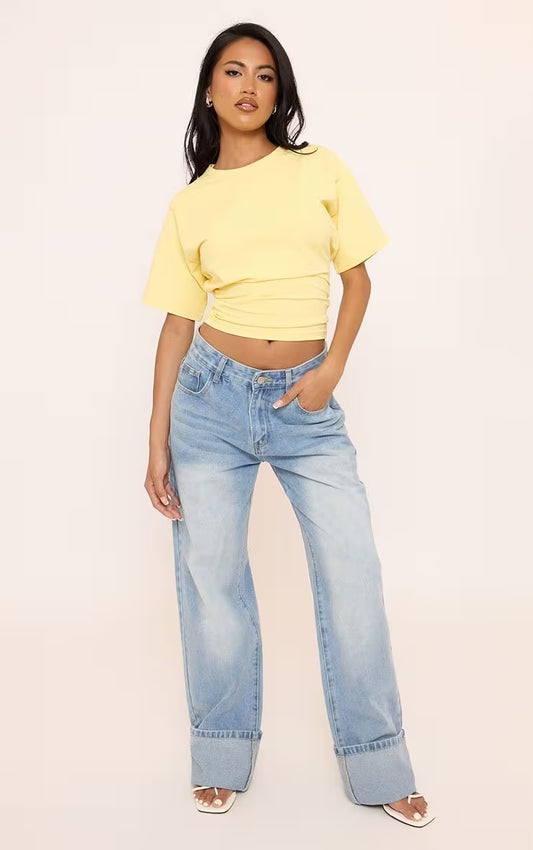 Ego - Short Sleeve Cinched Waist Fitted T-Shirt In Yellow