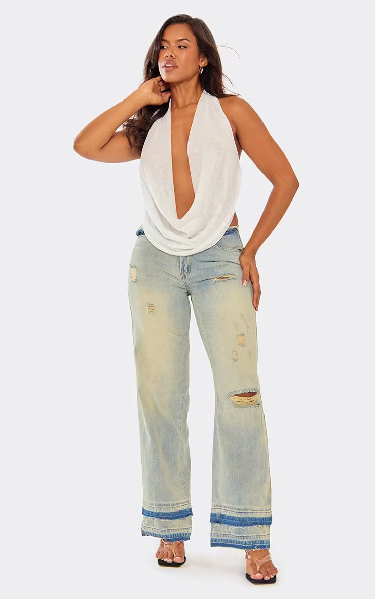 Ego - Extreme Cowl Halterneck Top In White Mesh