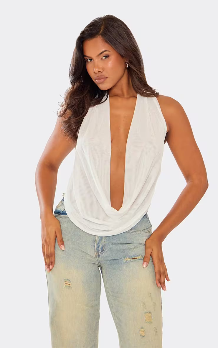 Ego - Extreme Cowl Halterneck Top In White Mesh