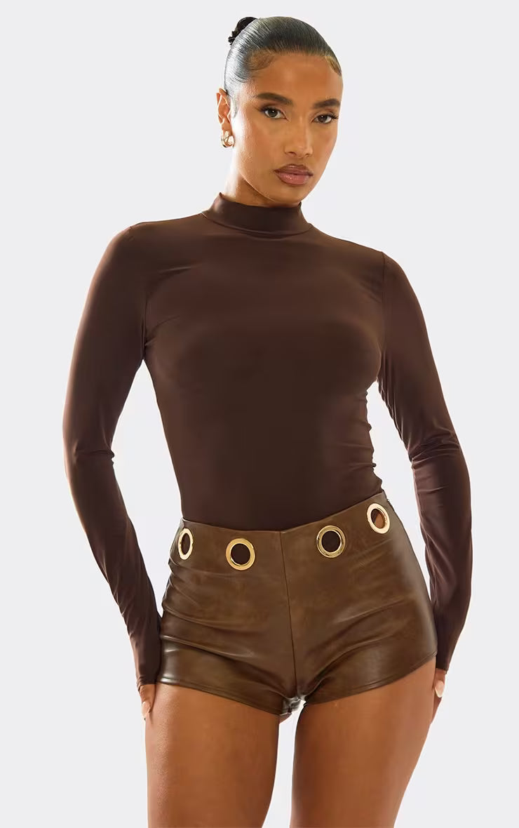 Ego - Eyelet Detail Hotpant Shorts In Brown Faux Leather