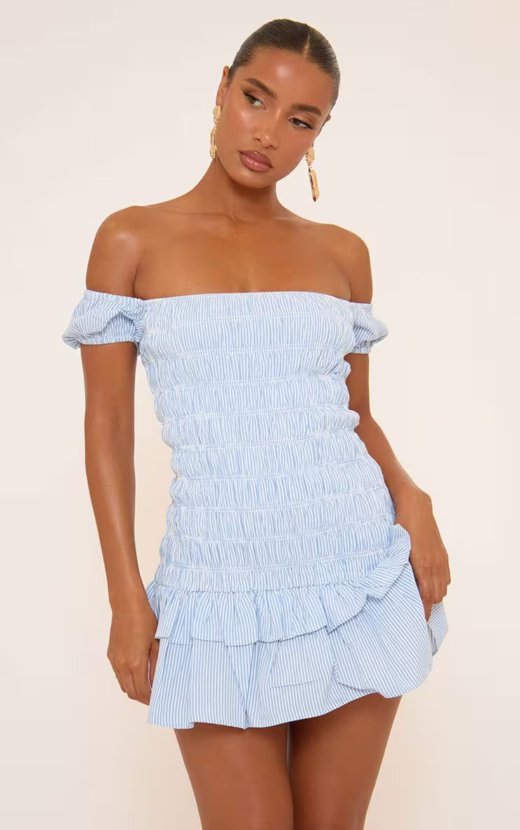 Ego - bardot frill hem detail shirred mini dress in blue stripe
