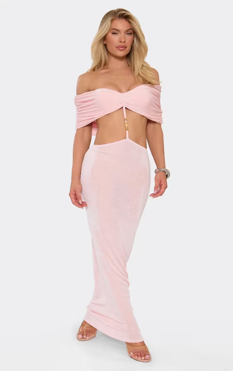Ego - Bardot Beaded Trim Detail Cut Out Maxi Dress In Baby Pink