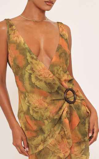 Ego - abstract printed plunge front wooden trim detail mini dress