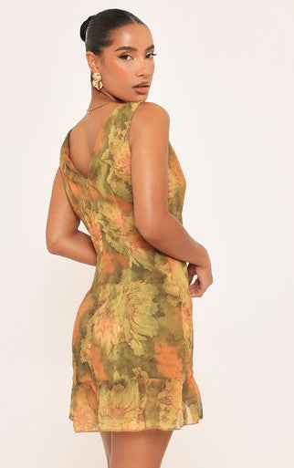 Ego - abstract printed plunge front wooden trim detail mini dress