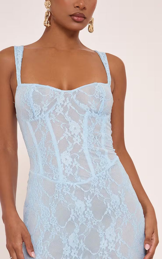 Ego - Sweetheart Neck Seam Detail Corseted Maxi Dress In Blue Floral Lace