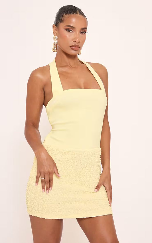 Ego - Halterneck Textured Skirt Detail Mini Bodycon Dress In Yellow