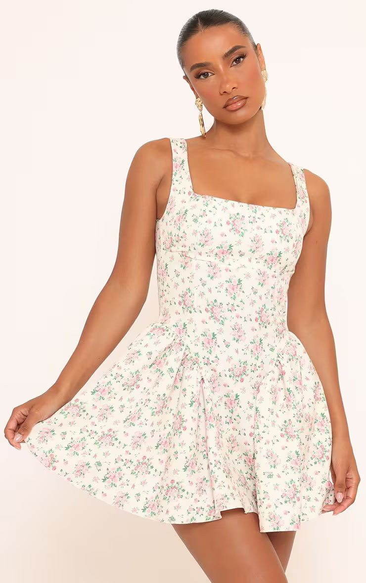 Ego square neck dropped hem detail mini dress in pink floral