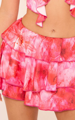Ego - Mid Rise Frill Detail Mini Skirt In Pink Abstract Print