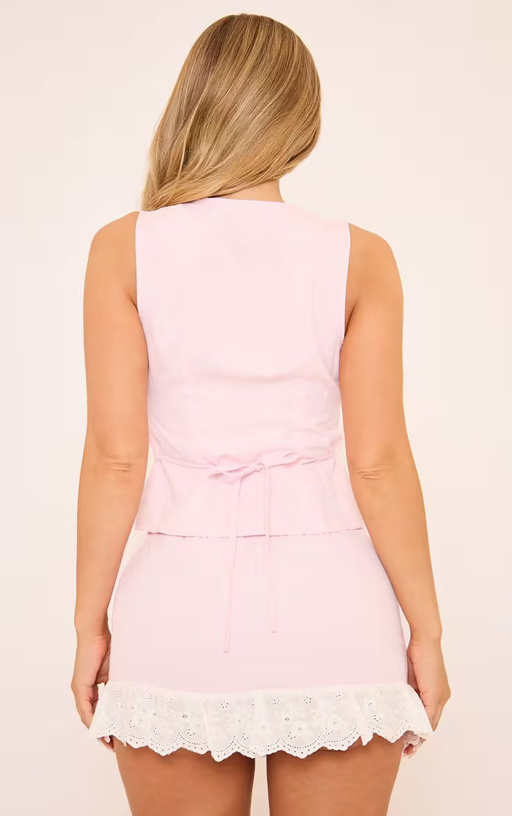 Ego - Tie Waist Contrast Trim Detail Mini Skirt In Pink