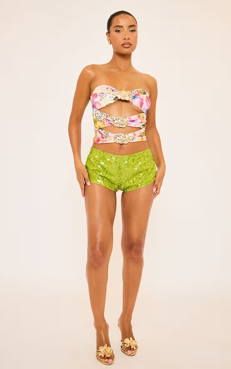 Ego - Bandeau Cut Out Trim Detail Top In Multi Hot Fix Print
