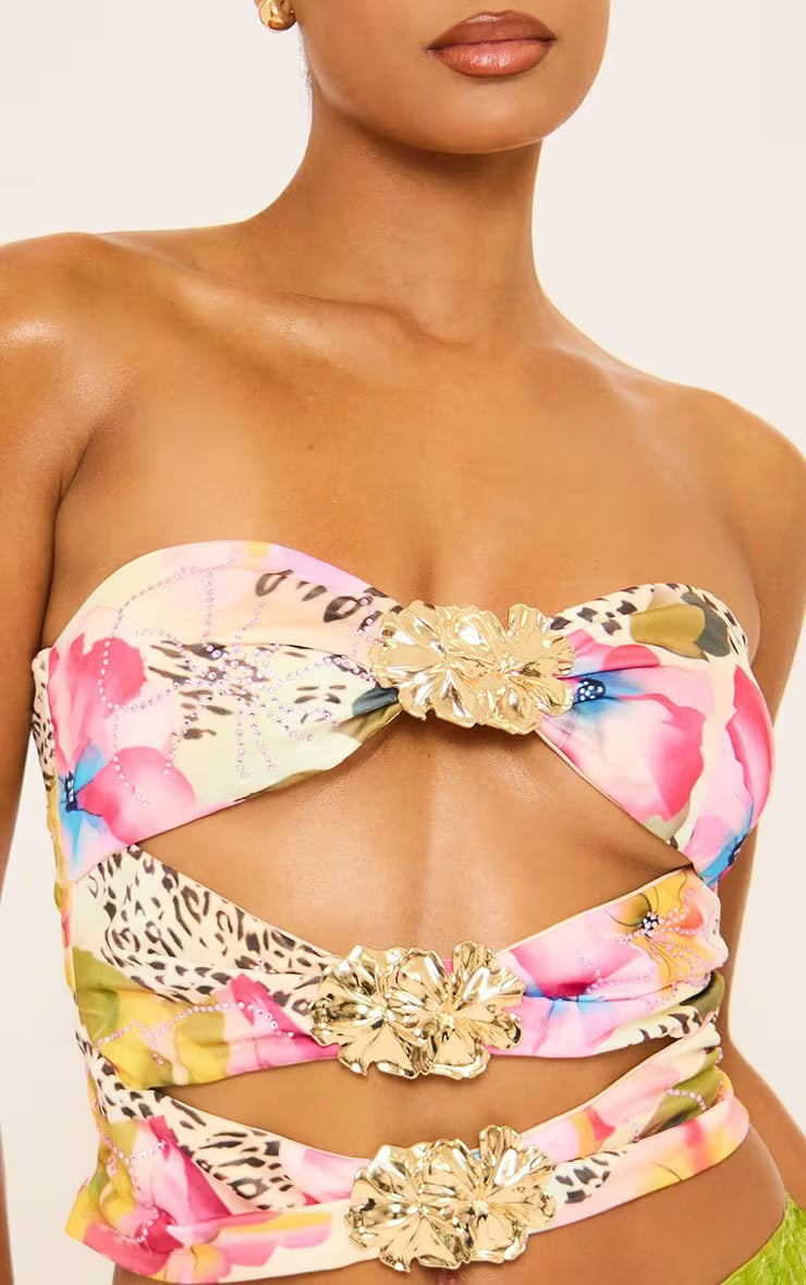 Ego - Bandeau Cut Out Trim Detail Top In Multi Hot Fix Print