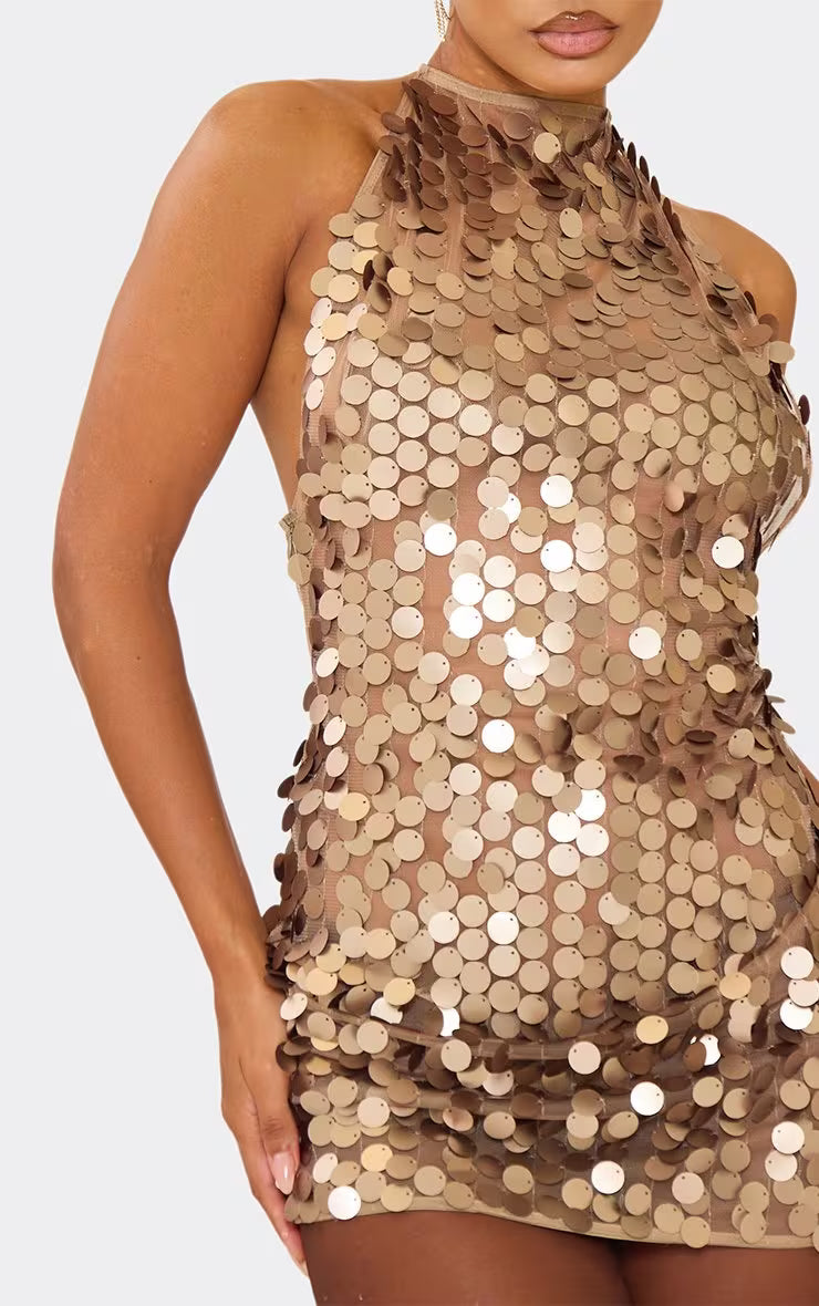 Ego - Halterneck Low Back Detail Mini Dress In Bronze Sequin