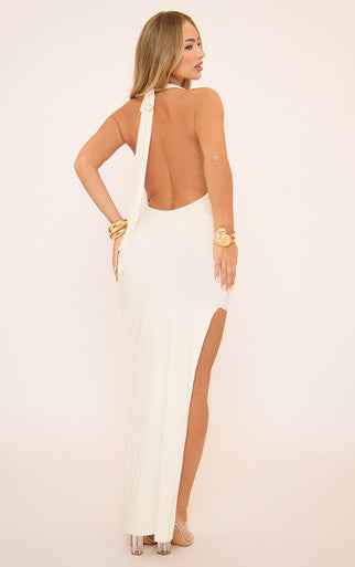 Ego - Cowl Halterneck Twisted Detail Side Split Maxi Dress In Cream