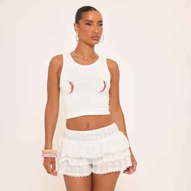 Sleeveless Chilli Print Detail Racer Crop Top In White