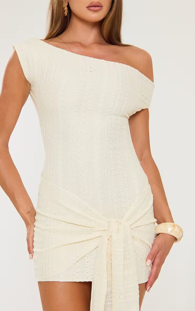 Asymmetric Bandeau Drape Column Detail Mini Dress In Cream Mesh