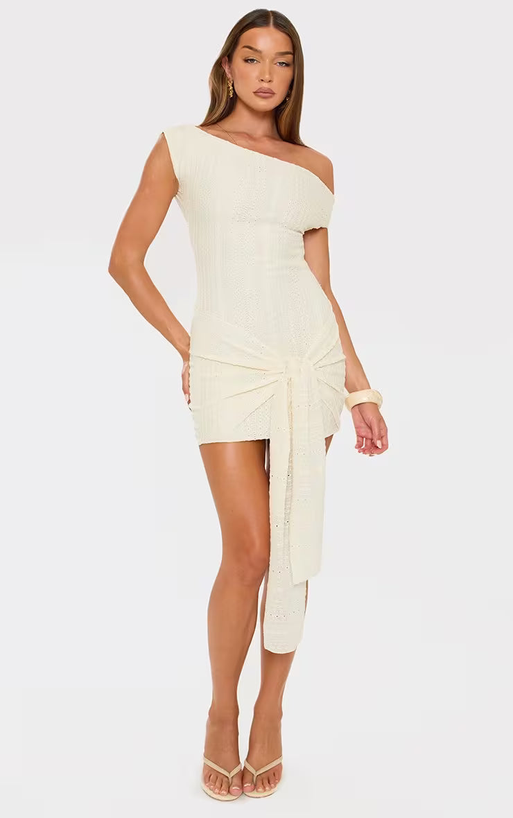 Asymmetric Bandeau Drape Column Detail Mini Dress In Cream Mesh