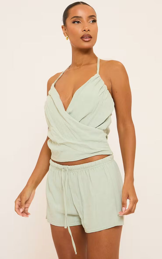 Ego - Mid Rise Tie Waist Detail Mini Shorts In Green Linen