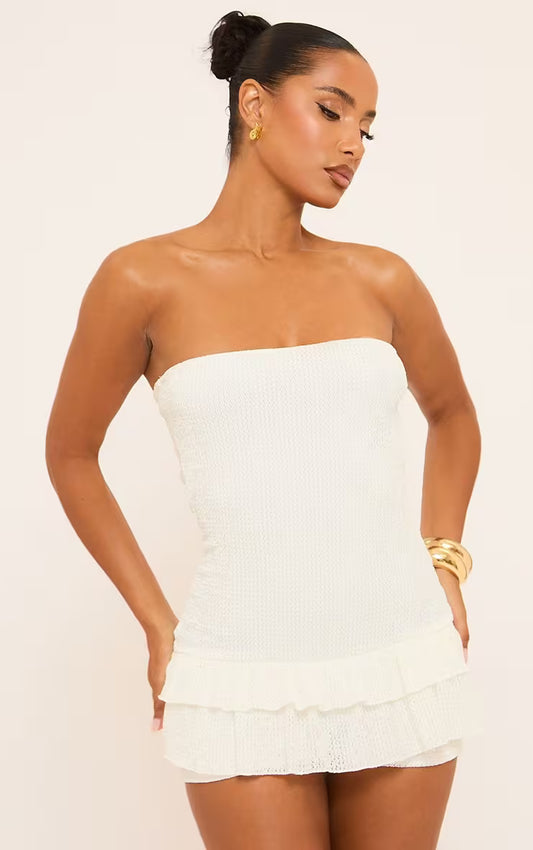 Ego - bandeau frill trim detail playsuit in white texture