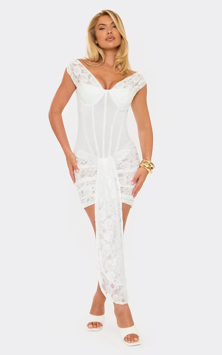 Ego - Off The Shoulder Draped Front Structured Corset Mini Dress In White Lace