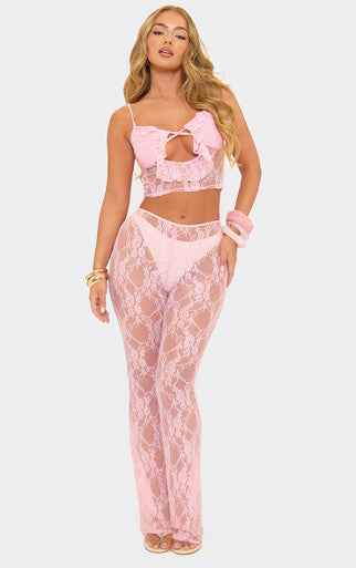 Ego - Low Rise Flared Detail Trousers and Top In Pink Lace SET
