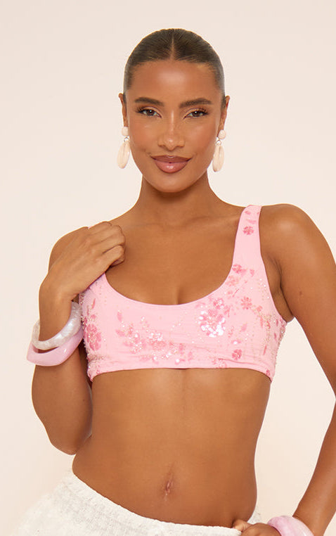 Ego - Scoop Neck Bralet In Pink Floral Sequin